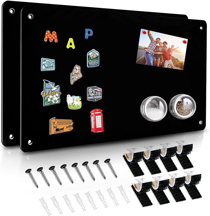 2Pack Black Magnetic Board,17.5" x 11.4" Magnet Bulletin Board to Display Magnetic Notes, Poetry, Photos, Suitable for Wall, Refrigerator, Cabinet etc, Come with 8 Pcs Dual Lock Tape and Screws