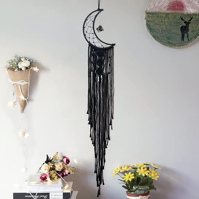 MOONFLY Black Moon Dream Catcher with Handmade Crystal Stone Design Woven Cotton Boho Macrame Wall Hanging Home Decoration Ornament Craft Gift(Black Crystal Stone Moon)