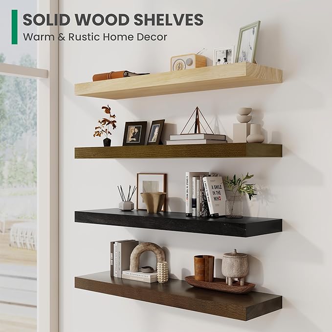 Solid Wood Floating Shelves For Wall, 55”W x 9”D x 1.56”H Large Wall Shelves for Living Room Bedroom Bathroom Kitchen Drcor Storage with Invisible Heavy-Duty Metal Bracket, Carbonized Oak, 2 Pack