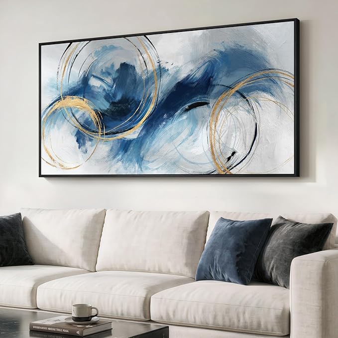 Extra Large Framed Navy Blue Abstract Canvas Wall Art for Living Room, Minimalist Modern Prints Paintings Artwork for Walls, Horizontal Contemporary Pictures Wall Decor for Bedroom, Office, 30x60 In