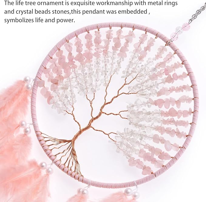 Pretty Jolly Pure Pink Tree of Life Dream Catcher Wall Decor with Healing Crystal Stone Handmade Feather Dream Catchers Decoration Wall Hanging Bedroom Living Room Wedding Party Home Decor-25.6"