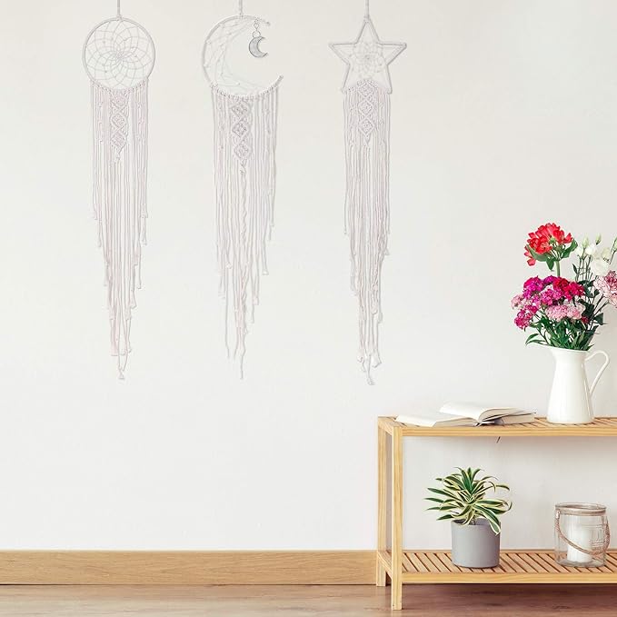 Jetec 3 Pcs Boho Macrame Dream Catcher Woven Wall Hanging Crescent Moon Star Sun Dreamcatcher with Long Tassel Large White Handmade Bohemian Home Decor Art Craft for Bedroom Room Decoration Gift