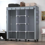 Portable Wardrobe with 10 Storage Racks and 2 Hanging Poles, 6 Side Pockets Non-Woven Cover, Size 130 x 45 x 172 cm, Bedroom Closet Organizer (Gray)