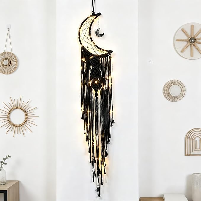 Dream Catcher with LED String Lights Handmade Boho Macrame Wall Hanging Woven Decoration Ornament with Photo Clips for Room Wedding Home Decor (Black Moon)