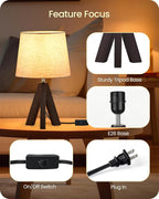 Tripod Table Lamp, 14.6 Inch Small Bedside Lamp with Beige Linen Shade & Dark Walnut Base, Modern Nightstand Lamp for Bedroom, Kids Room, Living Room, Nursery, Office, E26 Socket, VE51TL05
