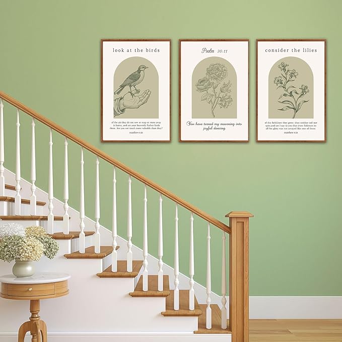 KAlRNE Sage Green Bible Verse Wall Art Set of 3(24”x36”),Framed Vintage Scripture Prints,Religious Birds and Lilies Decor,Green Christian Gallery Artwork for Living Room Bedroom Office