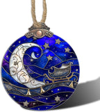 Stained Glass Christmas Decorations, Blue Starry Sky Silver Moon Suncatcher for Window Christmas Tree Hanging Ornaments Bell Sun Catcher Xmas Decor Gifts for Women Men Mom Nana Friend