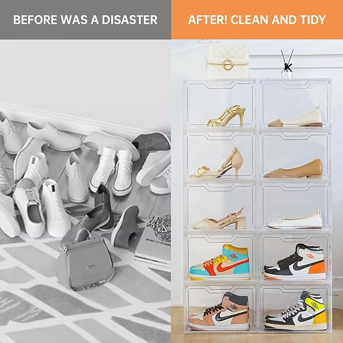Magnetic Acrylic Clear Shoe Boxes – 360° Transparent Stackable Sneaker Storage & Organizer Box, Professional Shoe Display Case & Multipurpose Storage Bin for Closet (10pcs)
