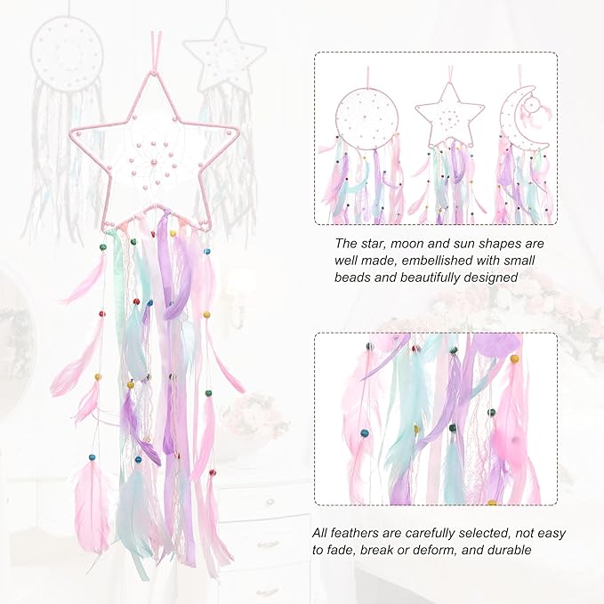 PATIKIL 28" Moon Sun Star Dream Catchers Set, Feather Handmade Dream Catchers Wall Hangings Art Decor for Home Wedding Bedroom Living Room Ornament,Pink