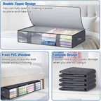 Under Bed Storage Containers, 4 Pack Blanket Storage Bags, Collapsible Storage Bags with Big Zippers, Clear Front, Shoe Storage and Organization for Clothes, Comforter, 75L, Grey