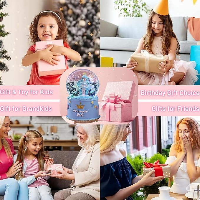 Unicorn Snow Globes for Girl,6.5IN Blue Music Snowglobes with LED Lights and Automatic Snowfall,Home Decor Glass Ball for Kids Bedroom Birthday for 5-18 Year Old Girl(6.5x4.1IN