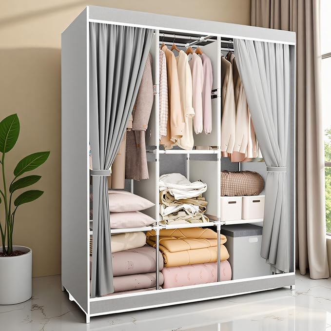 Portable Closet for Hanging Clothes 67 Inch Wide Large Capacity Portable Wardrobe Closet with Cover, Storage Shelves and 3 Hanging Rod, Gray Wardrobe Closet Easy to Assemble and Strong