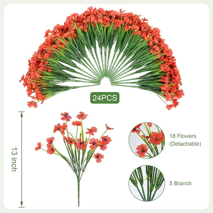 Artificial Fall Flowers for Outdoor Faux Plants for Spring Summer Decoration, UV Resistant Realistic Silk Plastic Fake Autumn Fall Flowers Garden Porch Patio Balcony Yard Front Home Decor, 24 Bundles