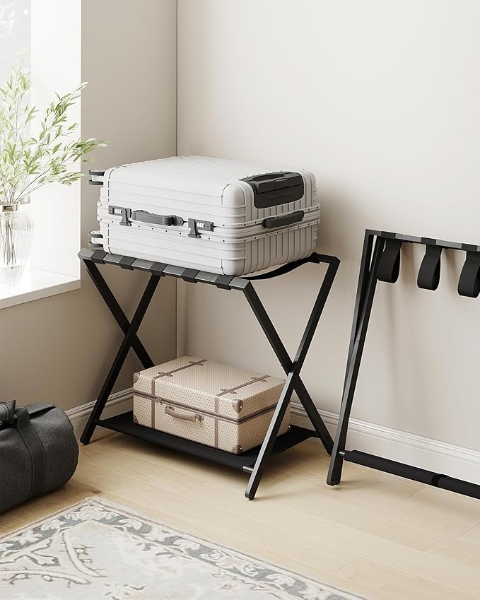 Luggage Rack, Folding Suitcase Stand for Guest, Foldable, Luggage Holders with Shelf, Steel Frame with Nylon Straps for Bedroom, Hotel, Holds up to 154 lb, Black, 2 Pack LR03901B