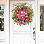Spring Wreaths for Front Door 24 Inch with Hello Sign,Artificial Summer Wreath with Pink Peony and Orchid,Indoor and Outdoor Wreath for Farmhouse Wall Home Porch Decor