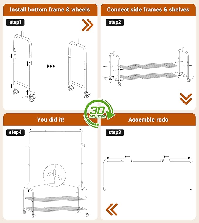 AOODA Heavy Duty Clothes Rack with Shelves, 46.5'' Metal Rolling Clothing Racks for Hanging Clothes, Wardrobe Garment Rack with Lockable Wheels for Coats, Shirts, Shoe Boxes (Black)