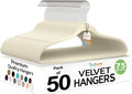 50 Pack New Premium Quality Velvet Hangers Ultra Thin Non Slip Adult Felt Space Saving Hangers for Closet Heavy Duty Coat Pants Jackets Dress Hangers 360° Swivel Hook Hold Upto 10 lbs Ivory