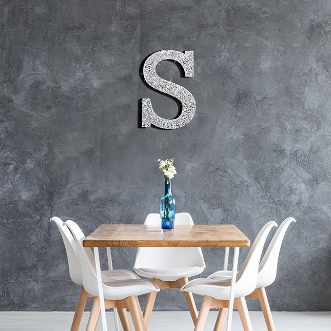 Qunclay 8'' Silver Crystal Diamond Bling Letters Crushed Diamond Decoration Wooden Glitter Letter with Screw and Hooks Rhinestone Gift for Wedding Y2k Mcbling Bedroom Wall Decor (Letter S)