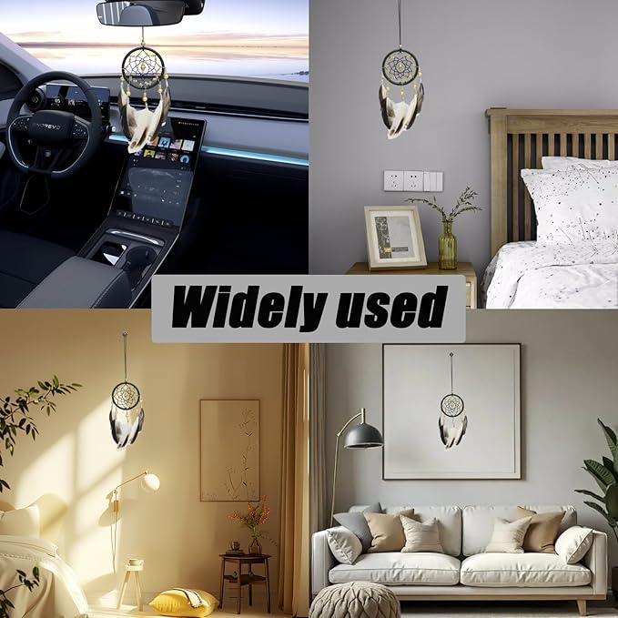 Pine & Linen Handmade Dream Catcher,Bohemian Style Car Rearview Mirror Hanging Charms Feather Pendant,Good Luck Charm for Car Accessories/Wall Hanging/Women/Gift(Black)