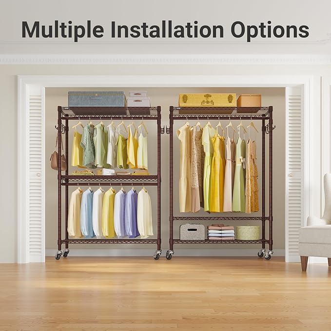 VIPEK R2 Plus Rolling Clothes Rack for Hanging Clothes Heavy Duty Clothing Rack 3 Tiers Adjustable Metal Wire Shelving Garment Racks with Side Hooks, Closet Organizers and Storage Wardrobe, Bronze