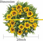 20 Inch Spring Sunflower Wreath for Front Door - Artificial Yellow Floral Front Door Decor with Sunflowers and Green Leaves, Cheerful Farmhouse Porch Indoor Outdoor for All Seasons Decor