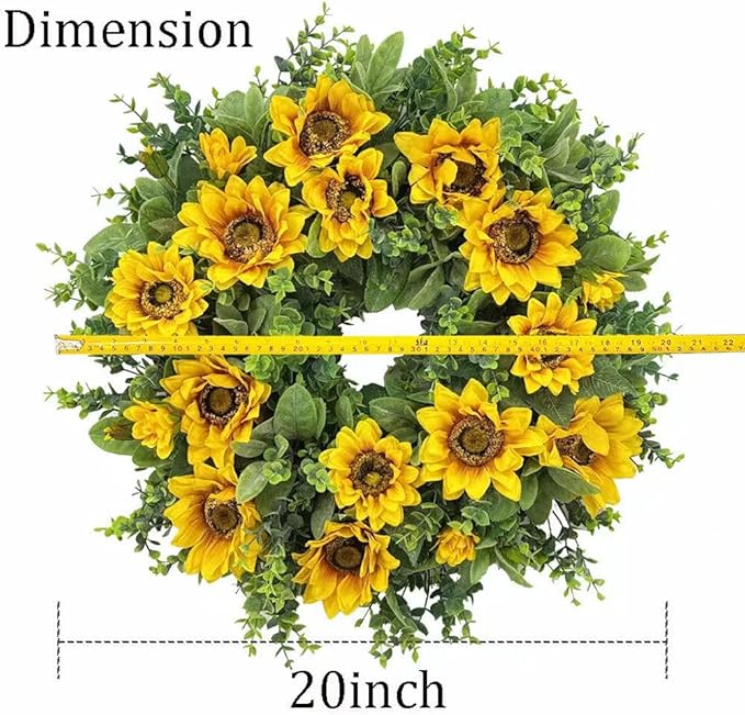 20 Inch Spring Sunflower Wreath for Front Door - Artificial Yellow Floral Front Door Decor with Sunflowers and Green Leaves, Cheerful Farmhouse Porch Indoor Outdoor for All Seasons Decor