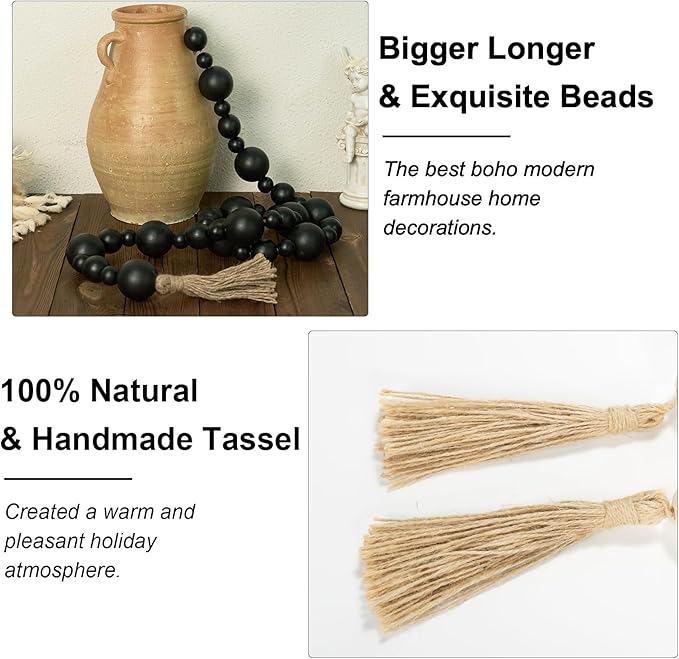 2" Extra Large Wood Bead Garland with Tassels, 75" Long Rustic Farmhouse Wooden Beads Garland, Decorative Beads Boho Decorations for Home Table Mantle Black