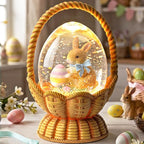 Easter Snow Globe Basket Easter Bunny Eggs Decorations Gifts Auto Snowfall Glitter Music Collection with 6H Timer USB/Battery Powered 6.4 Inch