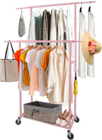 Fishat Portable Pink Double Rods Garment Rack with Rolling Clothes Organizer on Lockable Wheels Mobile for Gilr Women, 48" W x 15" D x 67" H, Metal Simple Hanging Clothes with 2 Hook
