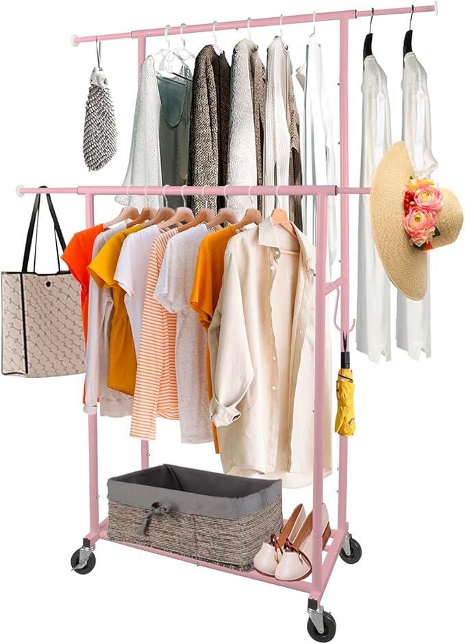 Fishat Portable Pink Double Rods Garment Rack with Rolling Clothes Organizer on Lockable Wheels Mobile for Gilr Women, 48" W x 15" D x 67" H, Metal Simple Hanging Clothes with 2 Hook