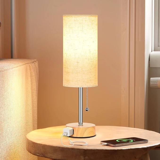 Dott Arts Table Lamp for Bedroom, 3-Color Bedside Lamps with Pull Chain, Bedroom Table Lamps for Nightstand,AC Outlet Small Lamp for Living Room, Bulb Included Oatmeal