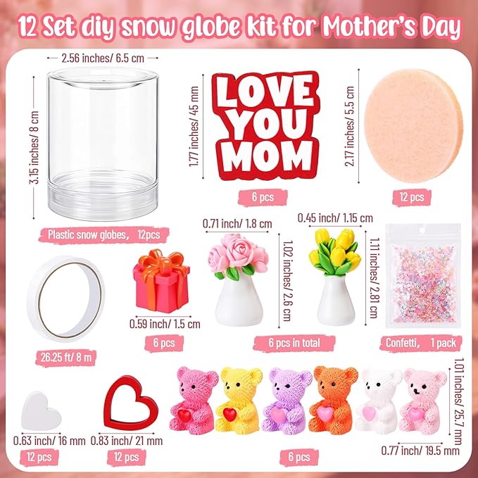 Sotiff 12 Sets Mother's Day Craft Bulk DIY Snow Globe Gift with Mini Resin Heart Bear Vase with Flower Figurines Gift Box 3D Love Heart Love You Mom Wooden Sign for Mom Birthday Classroom Activity