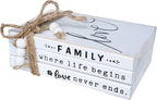LIVDUCOT Wooden Decorative Books Stack for Coffee Table Faux Book Stack for Decoration Love Family Where Life Begins Modern Farmhouse Decor White Book Decor for Shelf 7X 5.5X 2.5'
