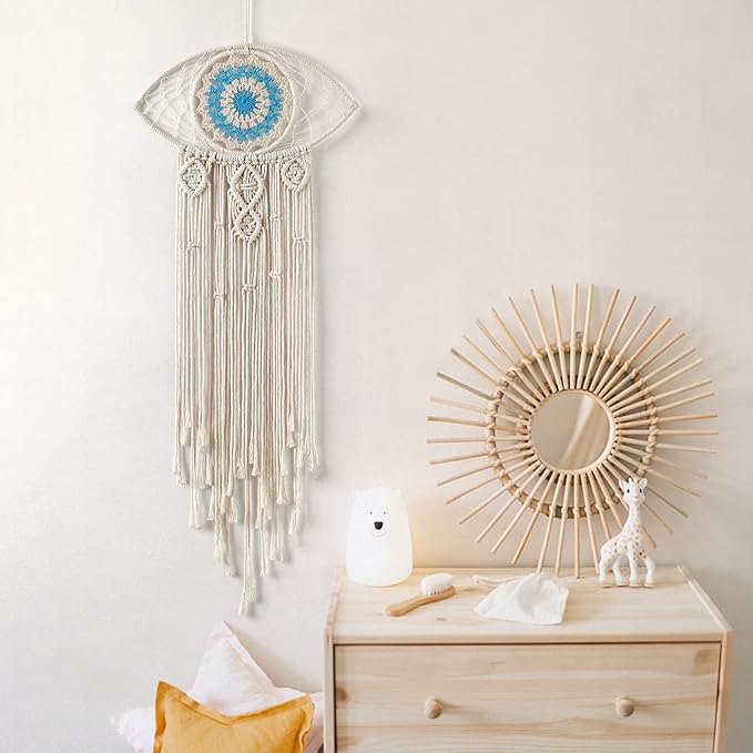 LOMOHOO Large Boho Dream Catchers Evil Eye Macrame Wall Hanging Woven Dream Catcher for Bedroom Home Dorm Room Ornament(Beige)