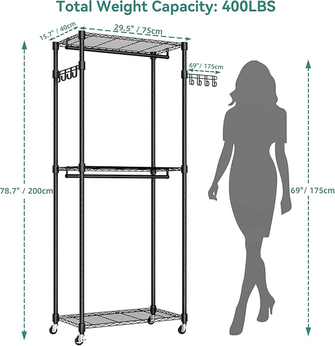Heavy Duty Rolling Garment Rack, 3 Tiers Wire Shelves Adjustable Freestanding Portable Rolling Clothing Rack with Lockable Wheels, 29.5''L x 15.8''W x 78.8''H, Max Load 400 LBS