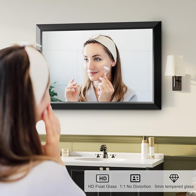 Black Bathroom Mirror for Over Sink, 24x36Inch Thick Anti-Rust Metal Frame, Rectangle Decorative Wall Mirror with HD Tempered Glass Horizontal or Vertical Mount for Vanity, Bedroom, Living Room