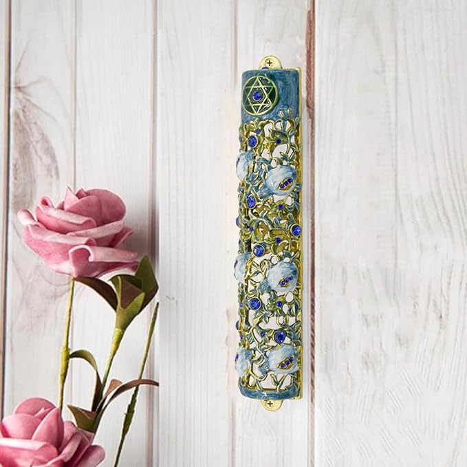 Mezuzah with Scroll for Door, Enamel&Zinc Alloy Blessing Mezuzah Case for Door, Colored Painted Mezuzha Scroll Kosher for Jewish Gifts/Jewish Decor, Christmas (White and Blue, 1.22x5.98 in)
