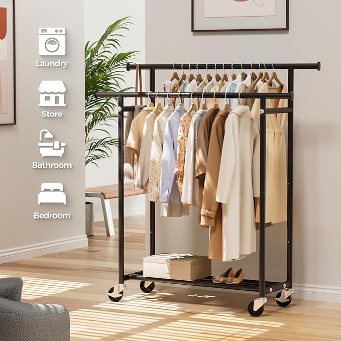 Clothes Rack, Double Rods Rolling Clothing Rack for Hanging Clothes, Portable Garment Rack with Wheels, Coat Rack Wardrobe Closet Load 240 LBS for Bedroom Laundry Room, Black