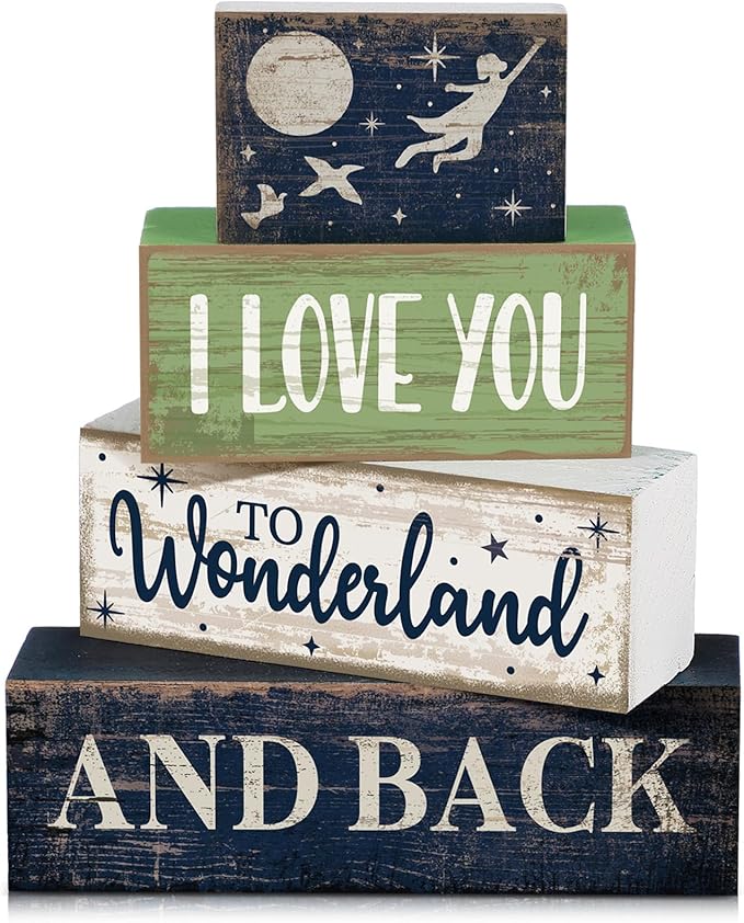Lineshading 4 Pcs Fairy Tale Nursery Wooden Stacked Signs Decor - "i Love You to Wonderland and Back" Wooden Signs, Rustic Tabletop Decor for Newborn Baby Bedroom Playroom Baby Shower Gifts