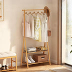 Bamboo Wooden Clothes Rack, Heavy Duty Garment Rack for Hanging Clothes, Freestanding Clothing Rack with 2 Tier Storage Shelves & Side Hooks for Living Room Bedroom Entryway