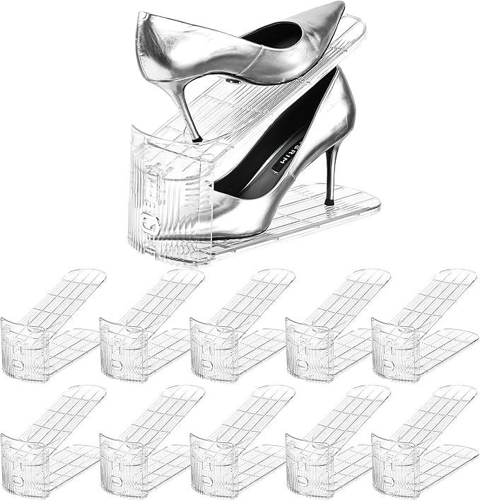 Shoe Slots Organizer,Adjustable Shoe Rack with Three Levels,shoe stackers for a pair of Shoes (Clear, 10 Pack)