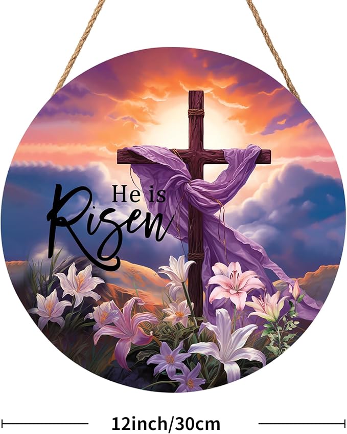 Harooni He is Risen Easter Wreaths for Front Door Decor He is Risen Sign Religious Floral Cross Door Wreath He Has Risen Easter Wooden Decorations 12in Spring Easter Door Hanger for Home Wall Proch