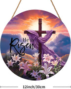 Harooni He is Risen Easter Wreaths for Front Door Decor He is Risen Sign Religious Floral Cross Door Wreath He Has Risen Easter Wooden Decorations 12in Spring Easter Door Hanger for Home Wall Proch