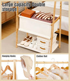 Bamboo Clothes Rack with Storage Box and Storage Shelf, Portable Extra Large Garment Rack Clothing Rack, Foldable Wardrobe For Entryway and Bed Room (S - 31.5 Inch)