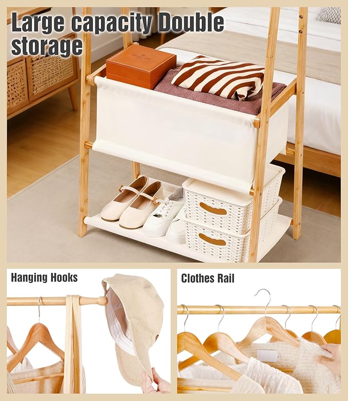 Bamboo Clothes Rack with Storage Box and Storage Shelf, Portable Extra Large Garment Rack Clothing Rack, Foldable Wardrobe For Entryway and Bed Room (S - 31.5 Inch)
