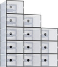 NEWBULIG 24 Clear Shoe Storage Boxes, Shoe Organizer for Closet with Lid, Plastic Stackable Breathable Shoe Cabinet with Lid for Sneakers, Heels & Boots, Black