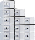 NEWBULIG 24 Clear Shoe Storage Boxes, Shoe Organizer for Closet with Lid, Plastic Stackable Breathable Shoe Cabinet with Lid for Sneakers, Heels & Boots, Black