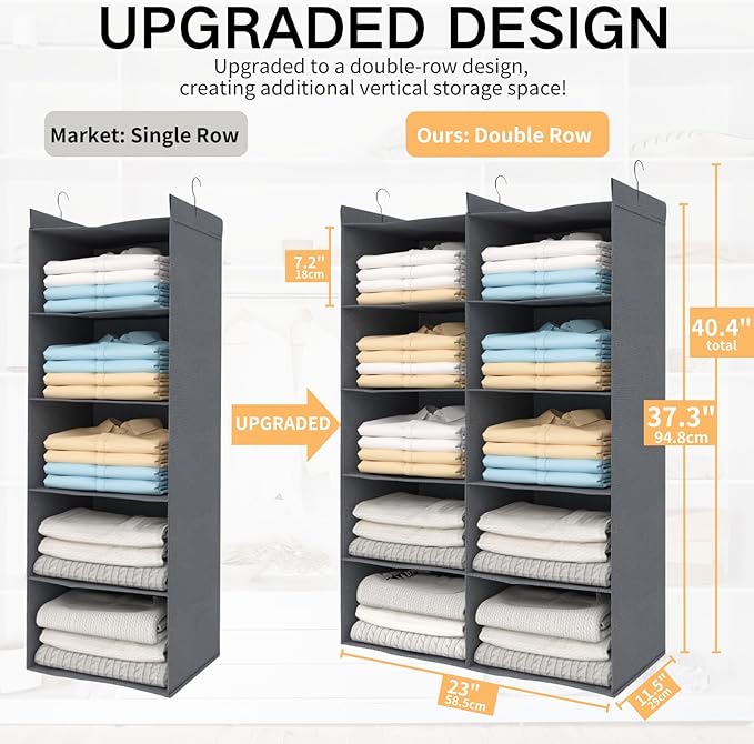 Grey 5-Tier Hanging Closet Storage Organizer - Space-Saving Dual-Row Foldable Shelves with 3 Hooks, Wardrobe Organizer for Dorm, Bedroom, Clothes and Accessories