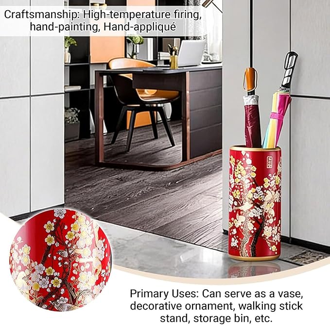 Ceramic Entryway Umbrella Stand,Handmade Appliques Chinese Umbrella Stand Barrels,Vintage Floor Standing Cane Holder Placed & Flower Vases for Hotel Office Home Entrance,D,17.3in