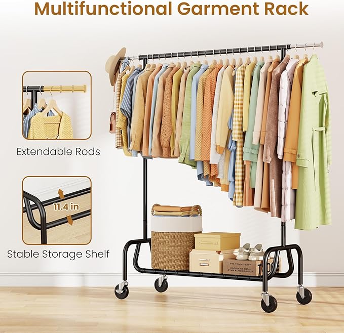 Heavy-duty Clothing Rack with Wheels, Rolling Clothes Rack with Shelf, Clothes Racks for Hanging Clothes, Metal Standing Garment Racks, Black